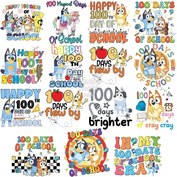 15 Cartoon Bluey Designs 100 Days Of School Designs Bundle PNG EPS SVG