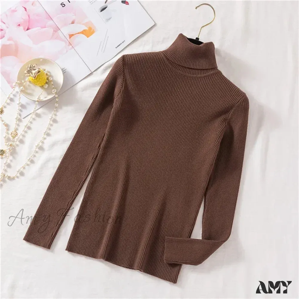 2024 Autumn Winter Women Long Sleeve Knitted Foldover Ribbed Pull Soft Warm Sweater