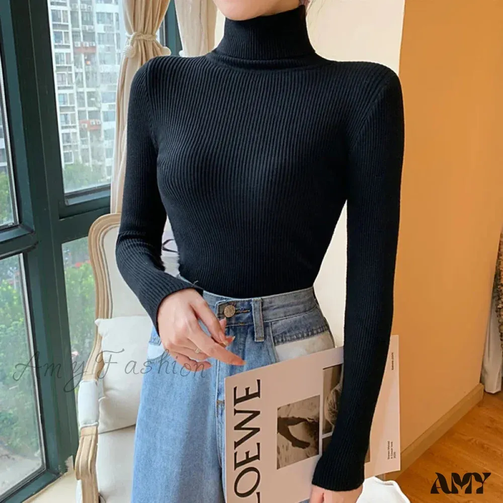 2024 Autumn Winter Women Long Sleeve Knitted Foldover Ribbed Pull Soft Warm Sweater