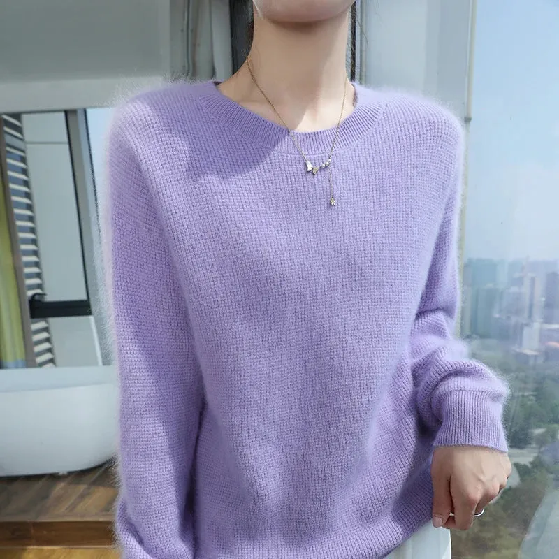 Autumn Winter New Women's Mink Cashmere Crewneck Jumper Fashion Solid Color Warm Sweater