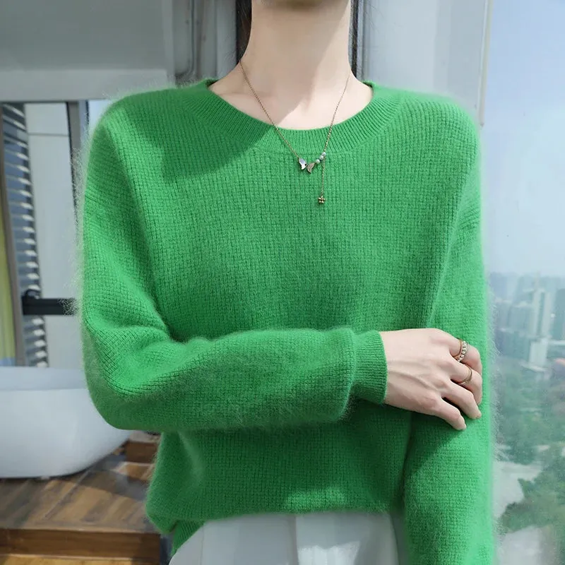 Autumn Winter New Women's Mink Cashmere Crewneck Jumper Fashion Solid Color Warm Sweater