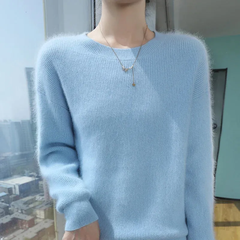 Autumn Winter New Women's Mink Cashmere Crewneck Jumper Fashion Solid Color Warm Sweater