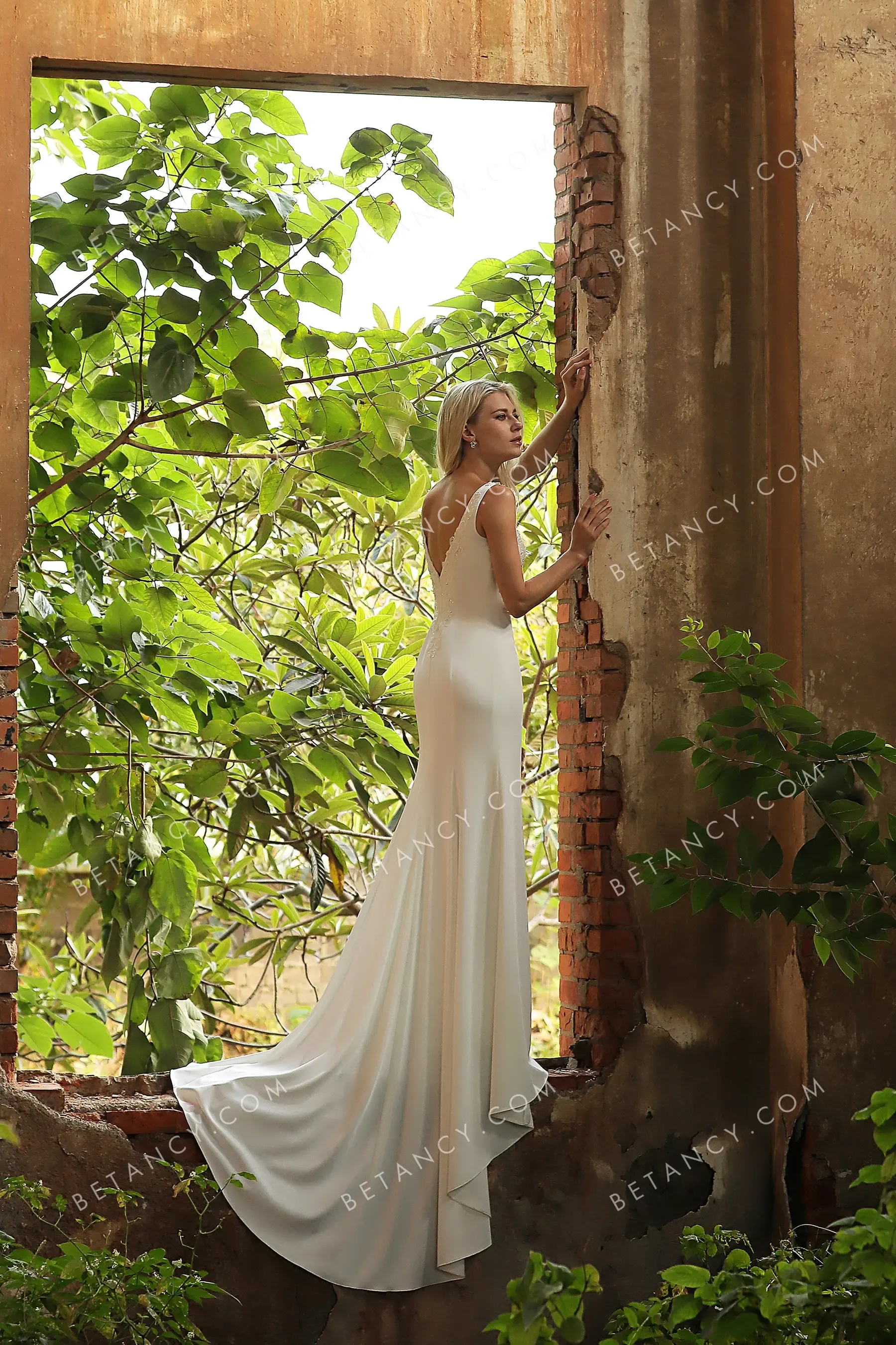 Beaded Lace Strap V Neckline High Slit Wedding Gown