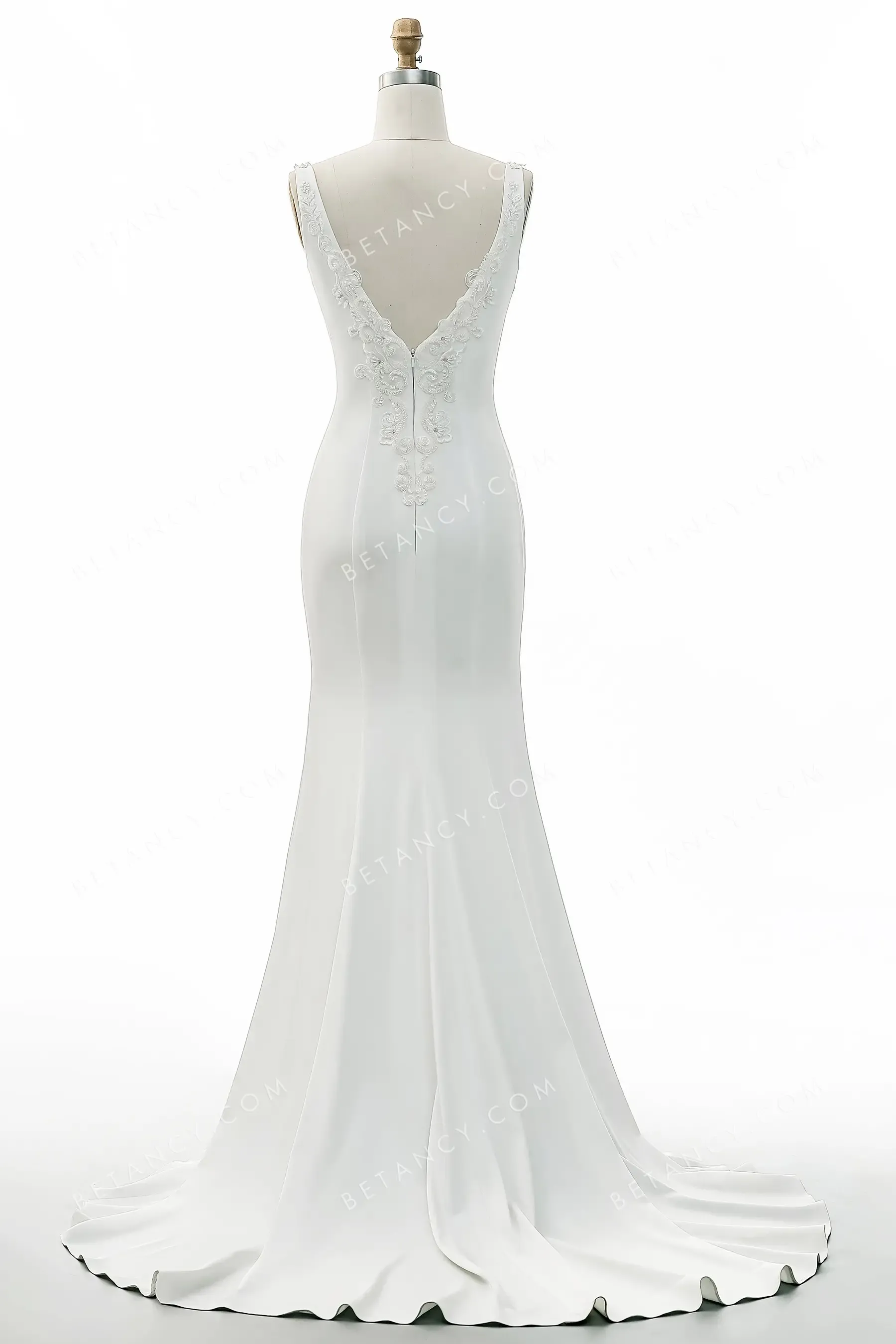 Beaded Lace Strap V Neckline High Slit Wedding Gown