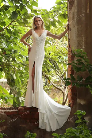 Beaded Lace Strap V Neckline High Slit Wedding Gown