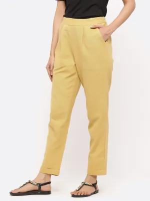 Beige Cotton Slub Bottom-Fold Straight Pants