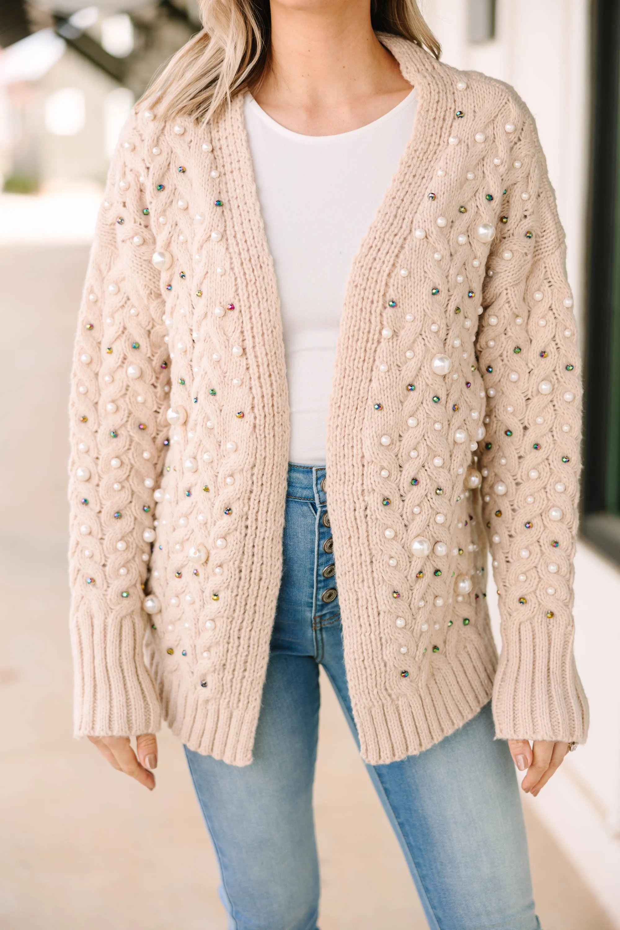 Best Of Both Worlds Oatmeal Brown Embellished Cardigan