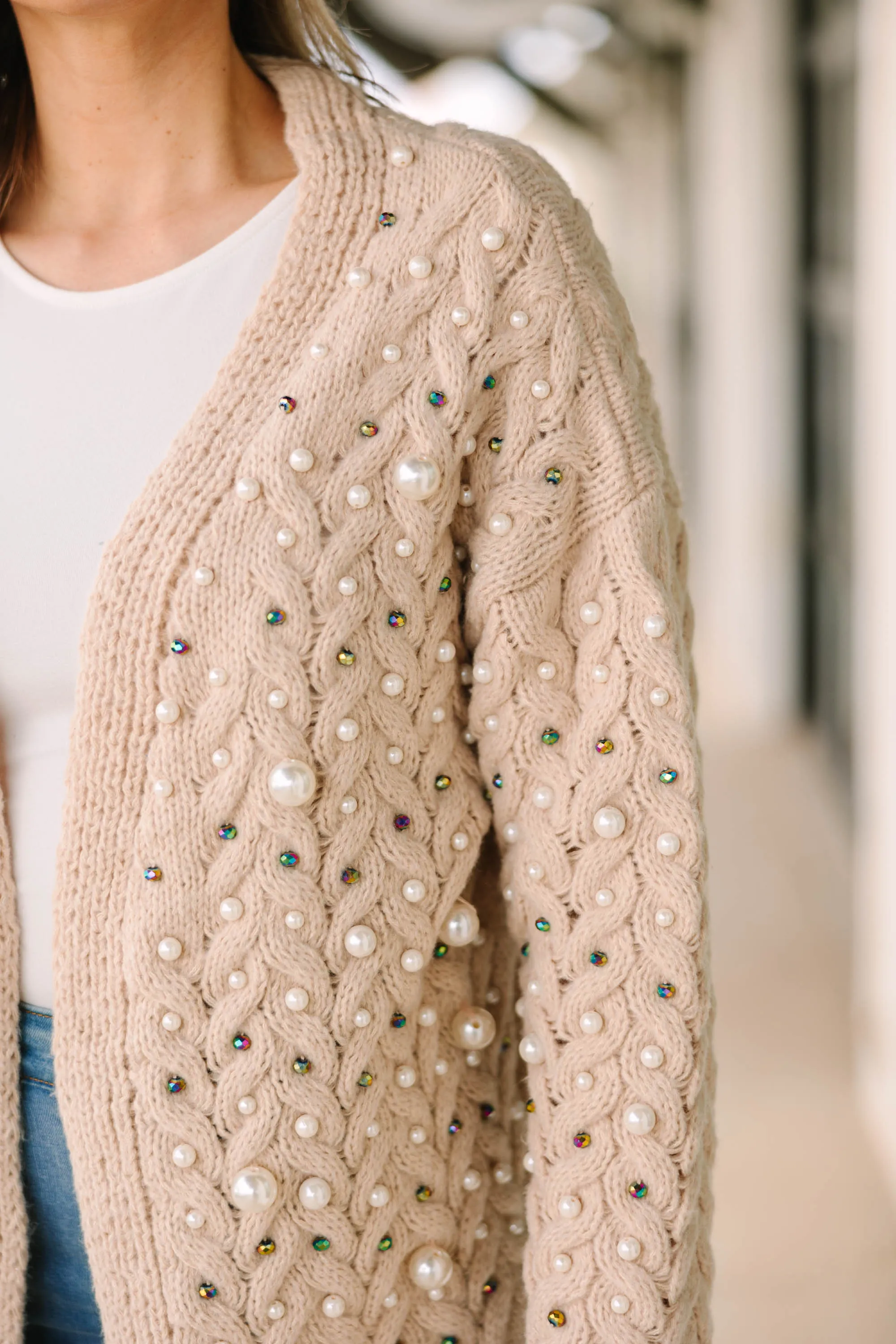 Best Of Both Worlds Oatmeal Brown Embellished Cardigan