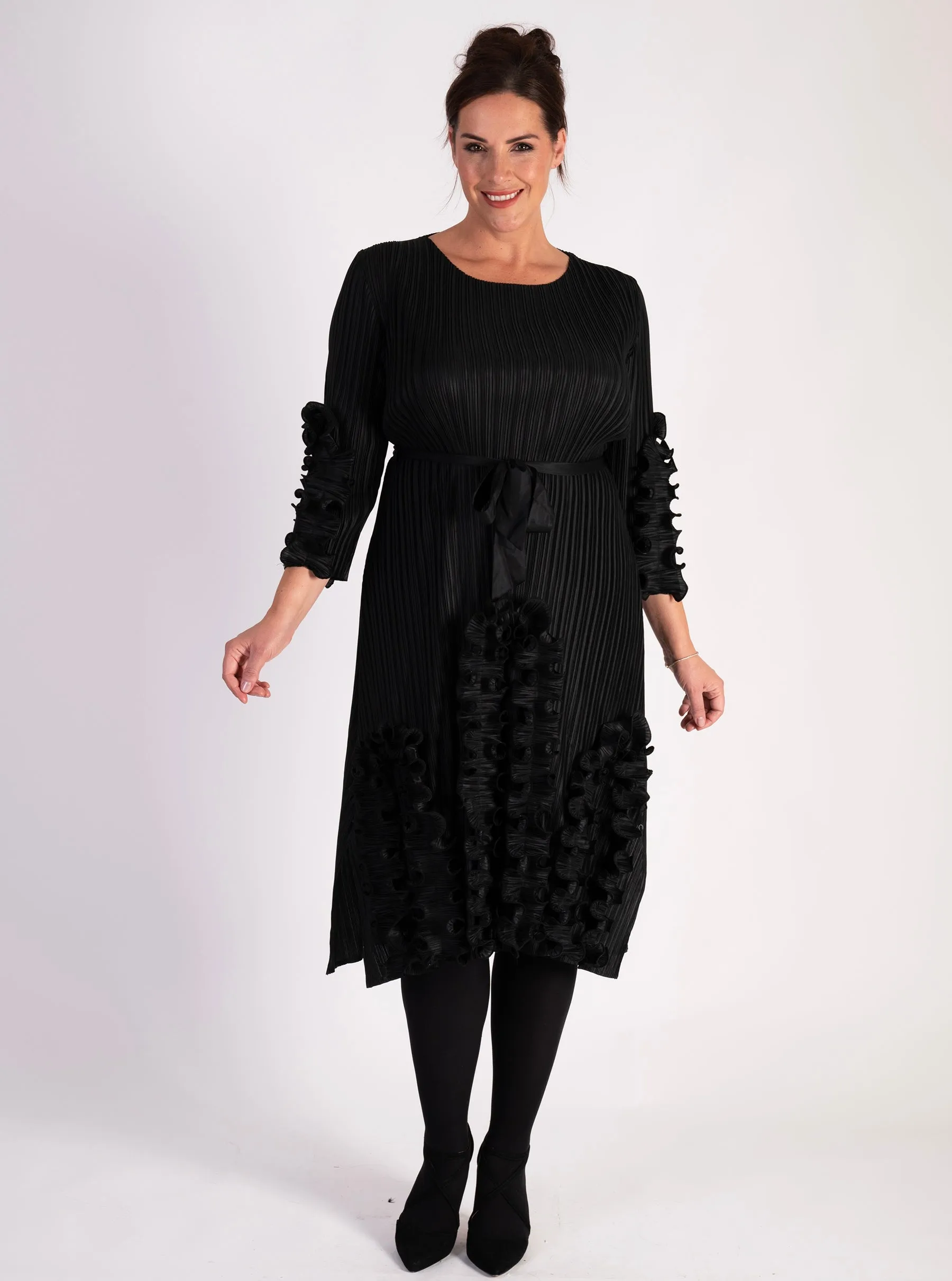 Black Pleated Dress with Feminine Frills