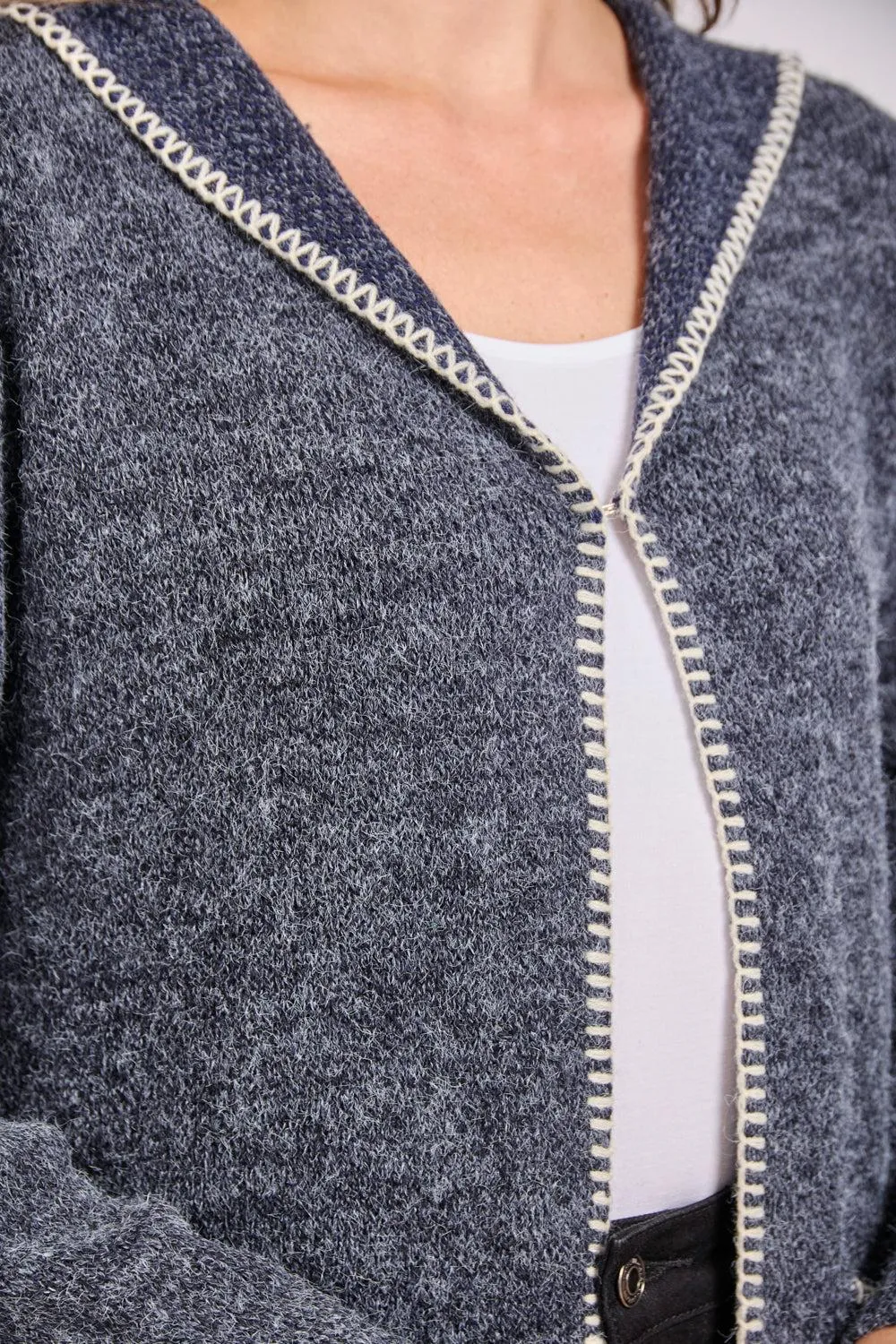 Blanket Stitch Cardigan with hood- Denim