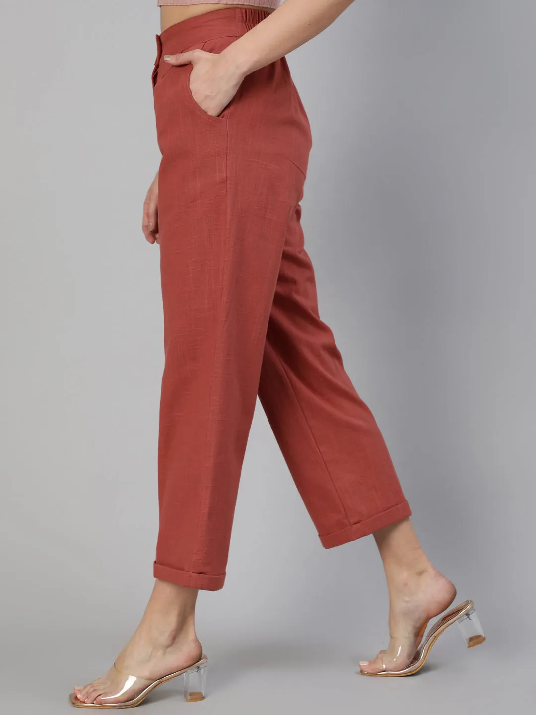 Brick Red Cotton Slub Straight High Rise Bottom Fold Pants