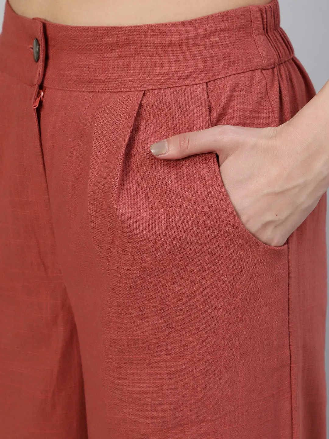 Brick Red Cotton Slub Straight High Rise Bottom Fold Pants