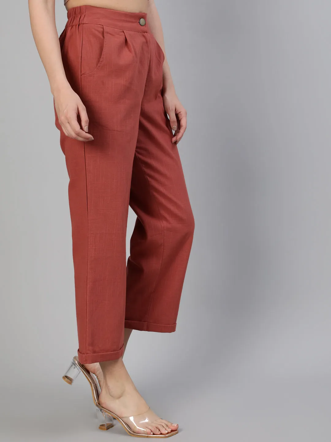 Brick Red Cotton Slub Straight High Rise Bottom Fold Pants