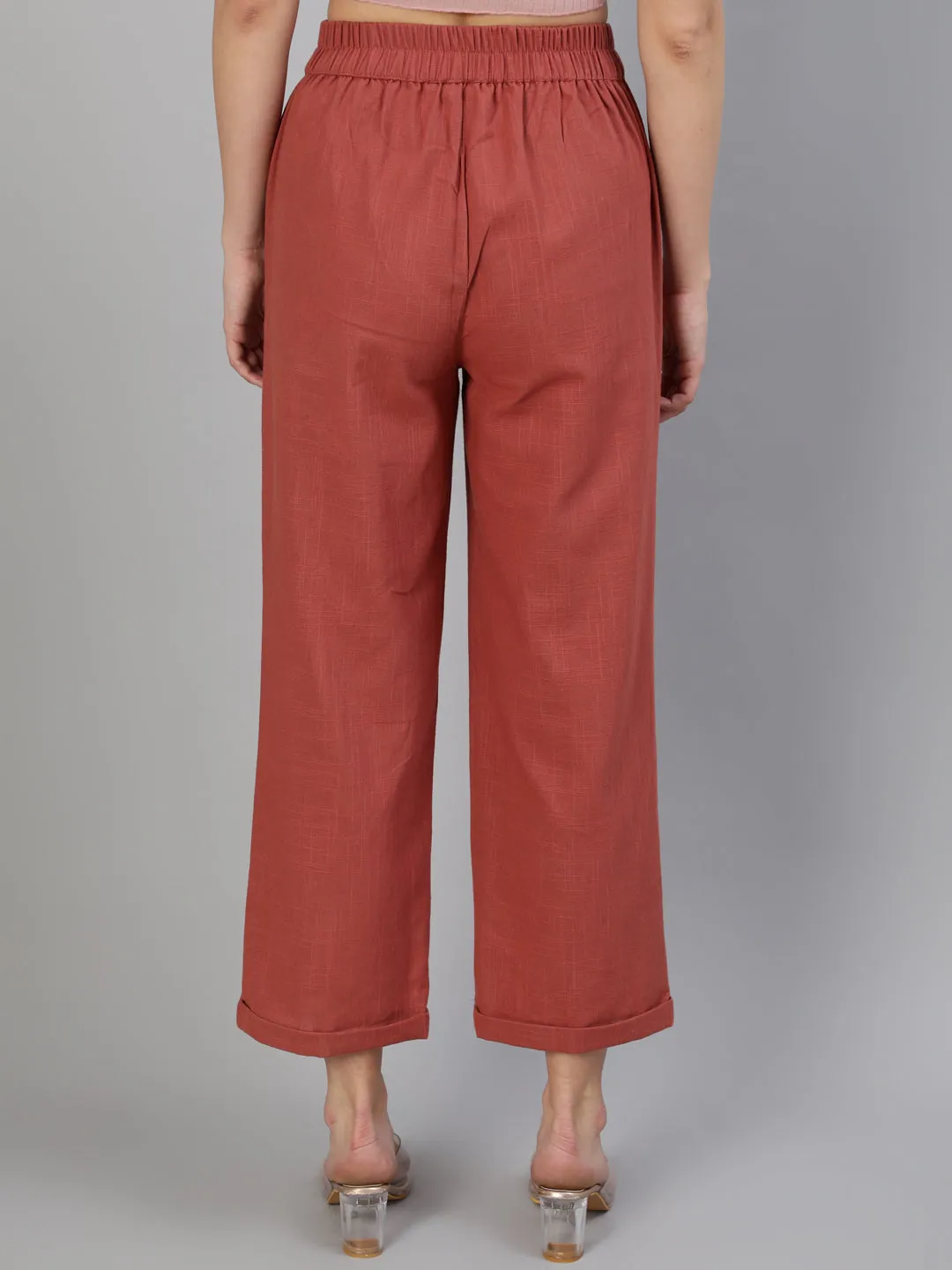 Brick Red Cotton Slub Straight High Rise Bottom Fold Pants