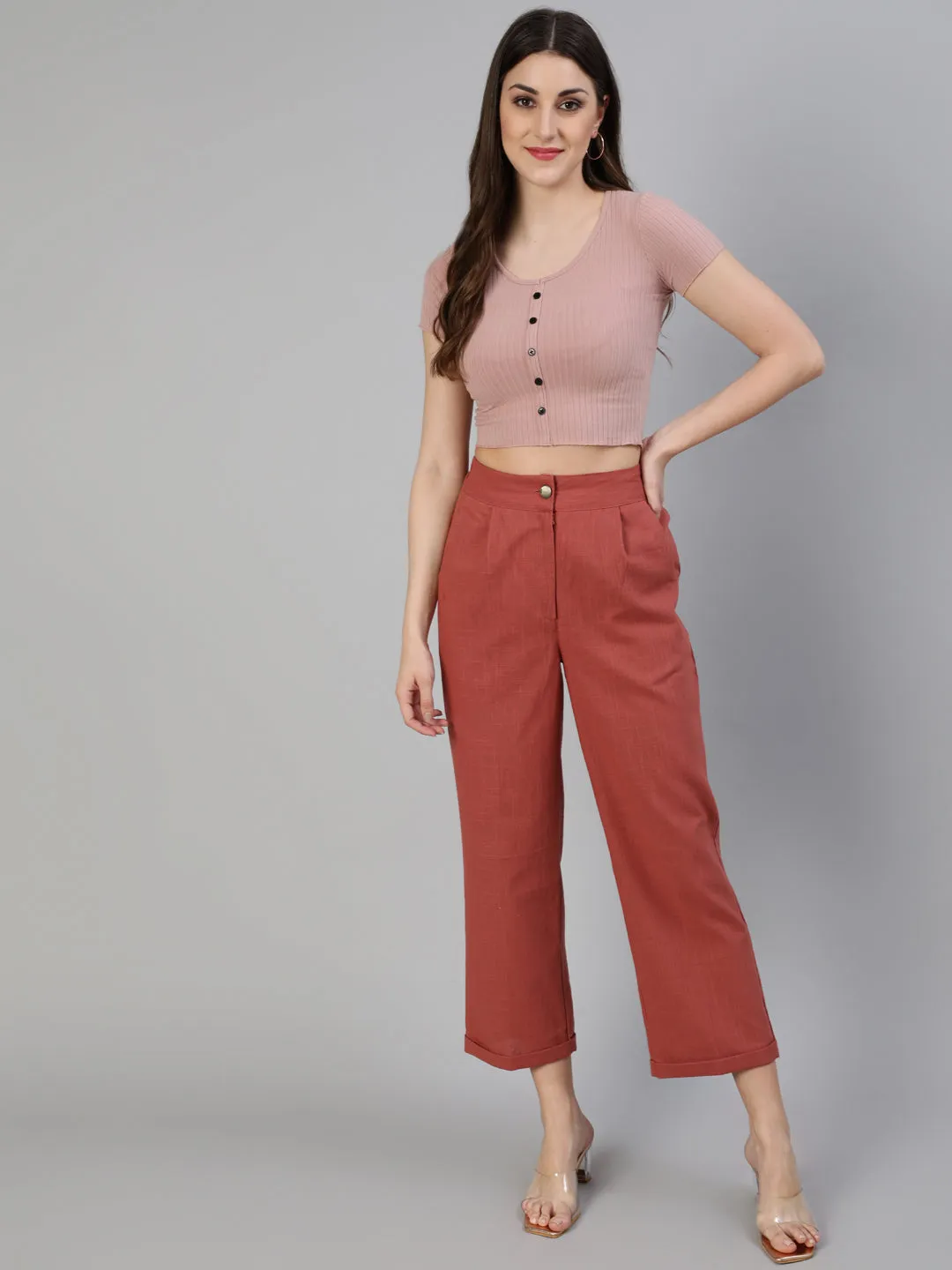 Brick Red Cotton Slub Straight High Rise Bottom Fold Pants