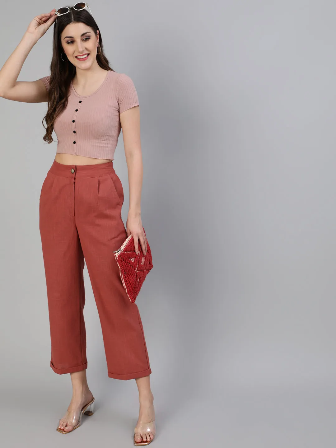 Brick Red Cotton Slub Straight High Rise Bottom Fold Pants