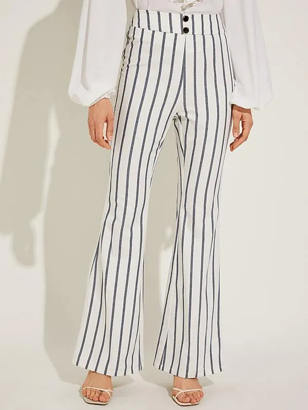 Button Detail Striped Flare Leg Pants