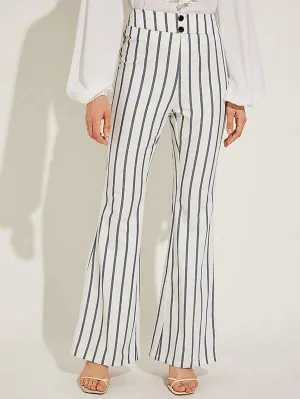 Button Detail Striped Flare Leg Pants