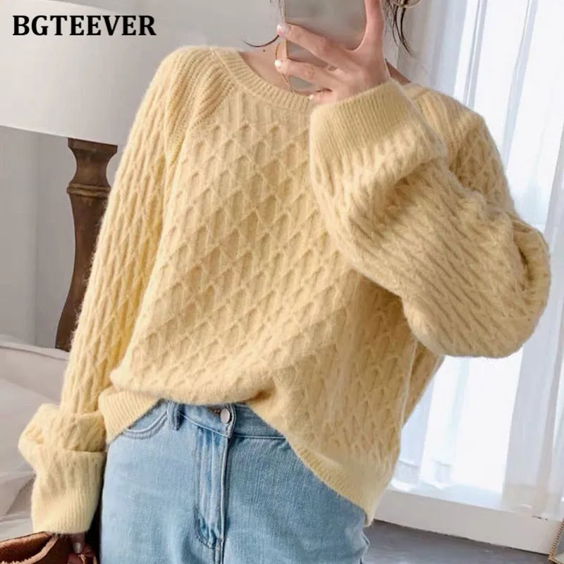 Christmas Gift Joskaa Vintage Chic O-neck Sweater Women Argyle Plaid Knitting Tops Casual Loose Warm Knitted Jumper Female Autumn Winter 2020