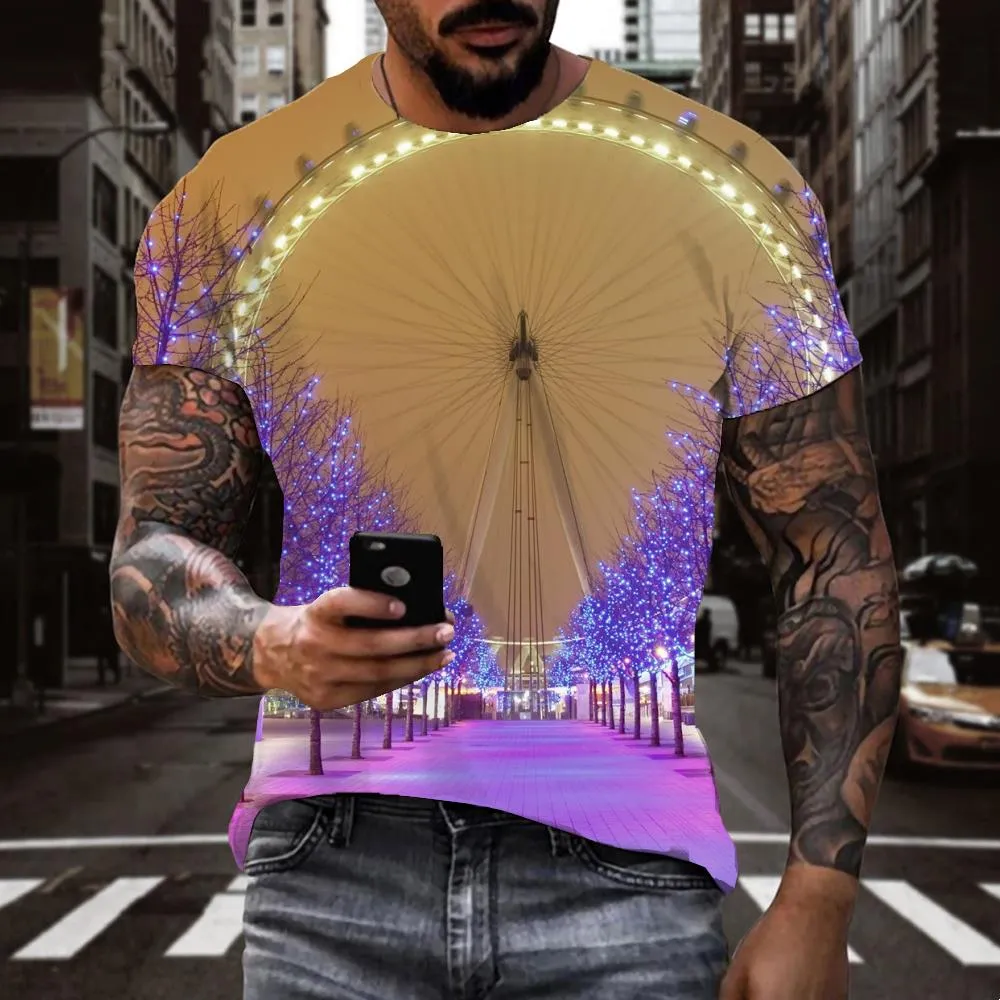 Ferris wheel street view purple lights t shirts Funny 3D t shirt festival Casual men Christmas art costume