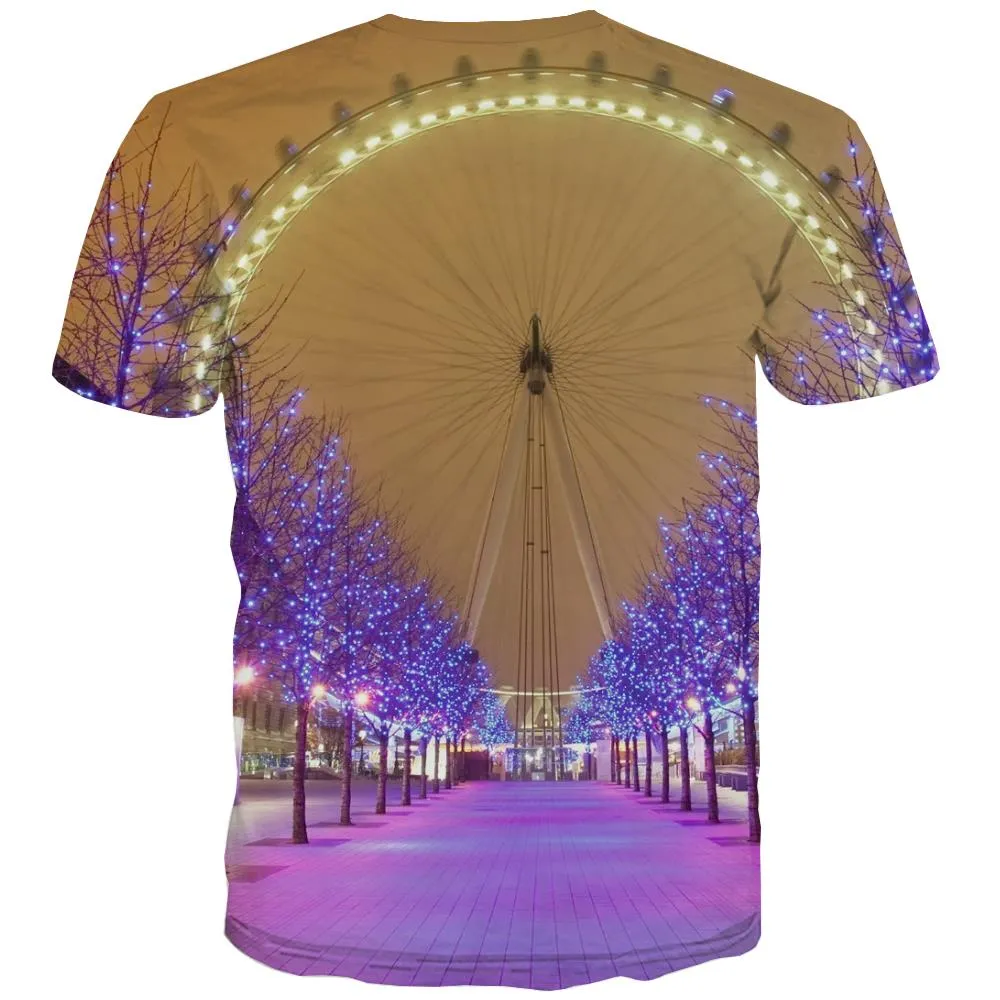 Ferris wheel street view purple lights t shirts Funny 3D t shirt festival Casual men Christmas art costume