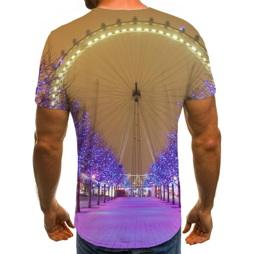 Ferris wheel street view purple lights t shirts Funny 3D t shirt festival Casual men Christmas art costume