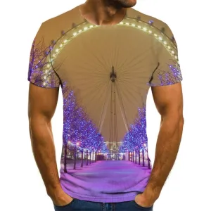 Ferris wheel street view purple lights t shirts Funny 3D t shirt festival Casual men Christmas art costume