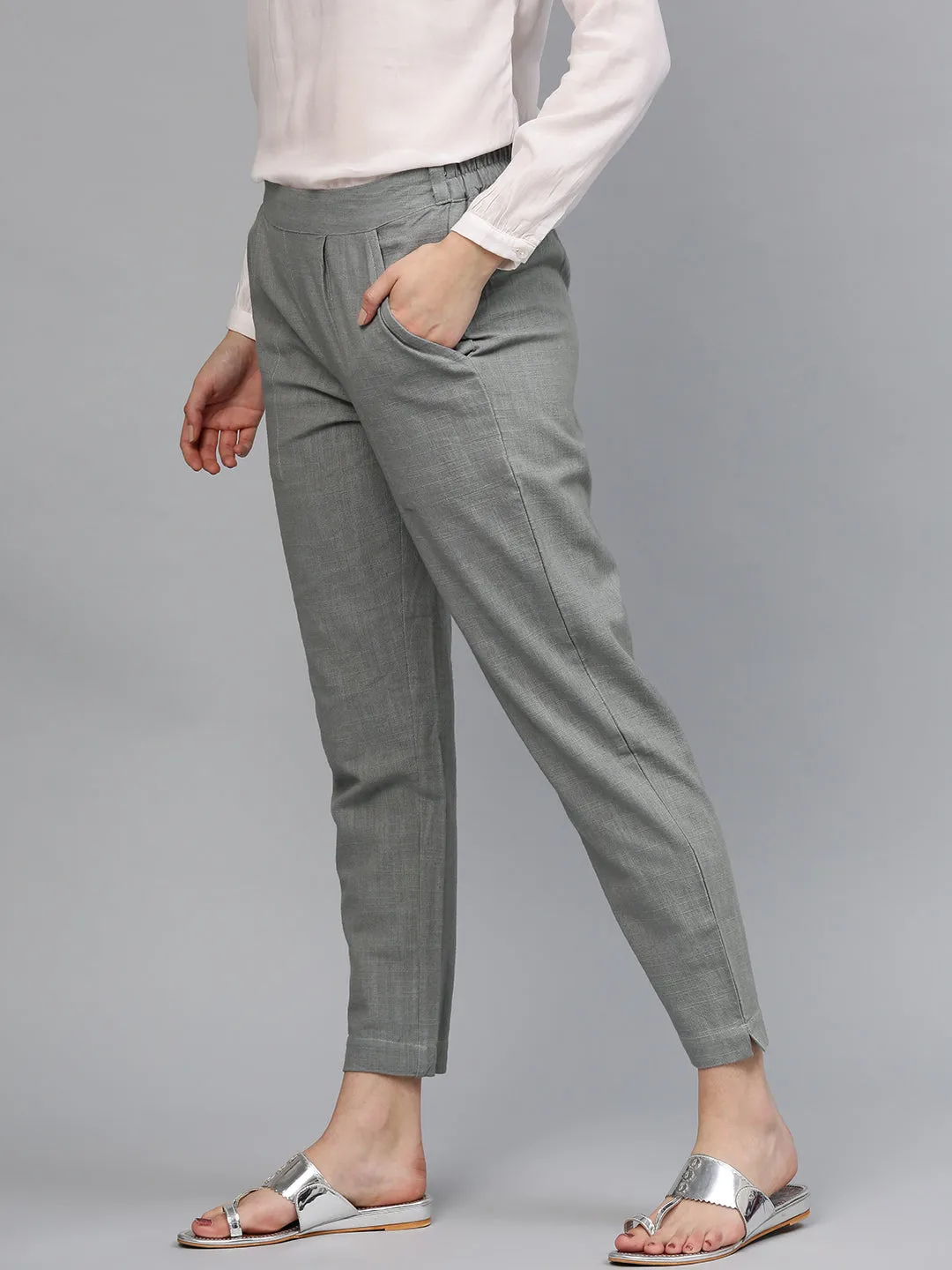 Grey Solid Cotton Slub Straight Pants