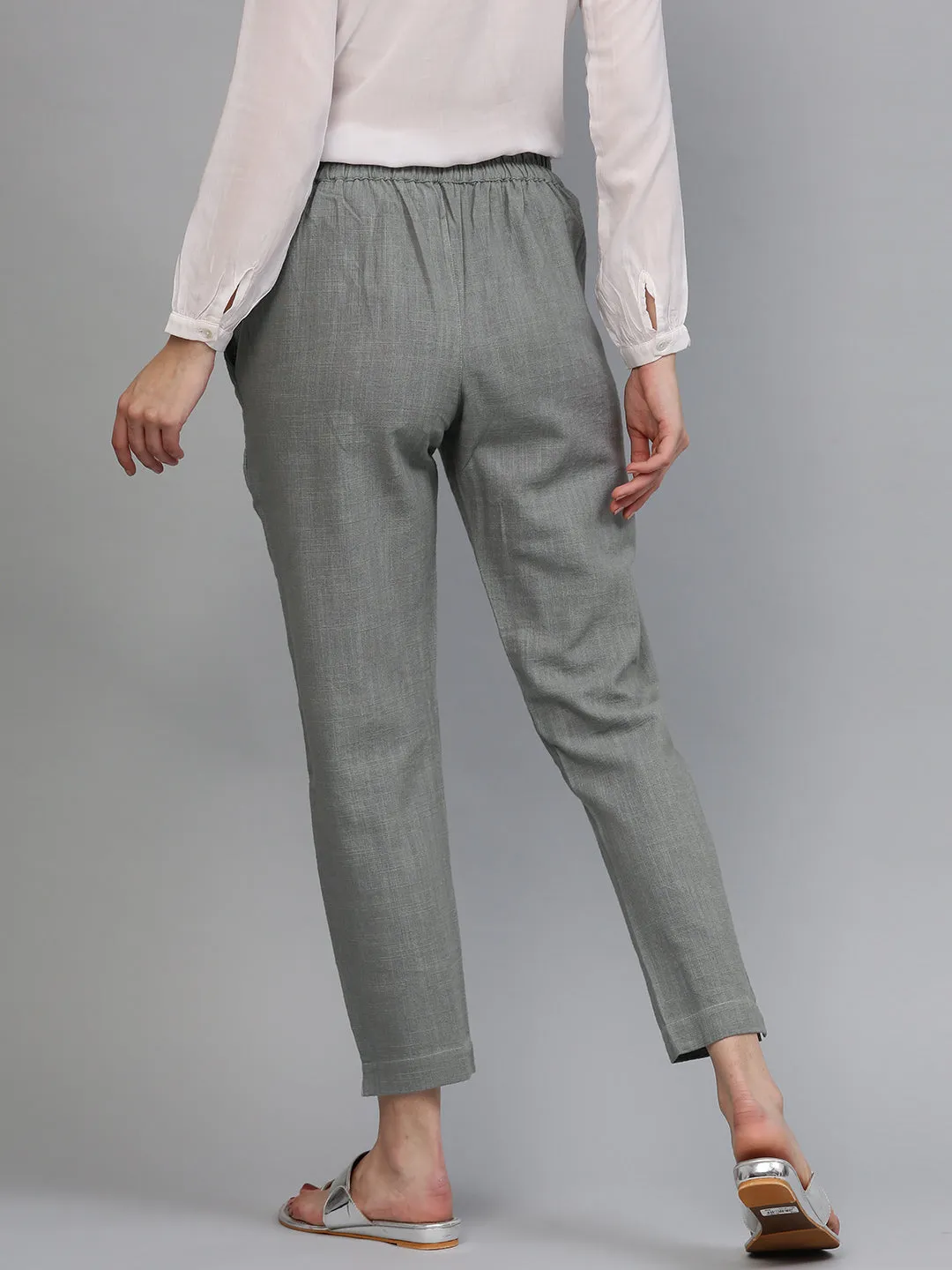 Grey Solid Cotton Slub Straight Pants