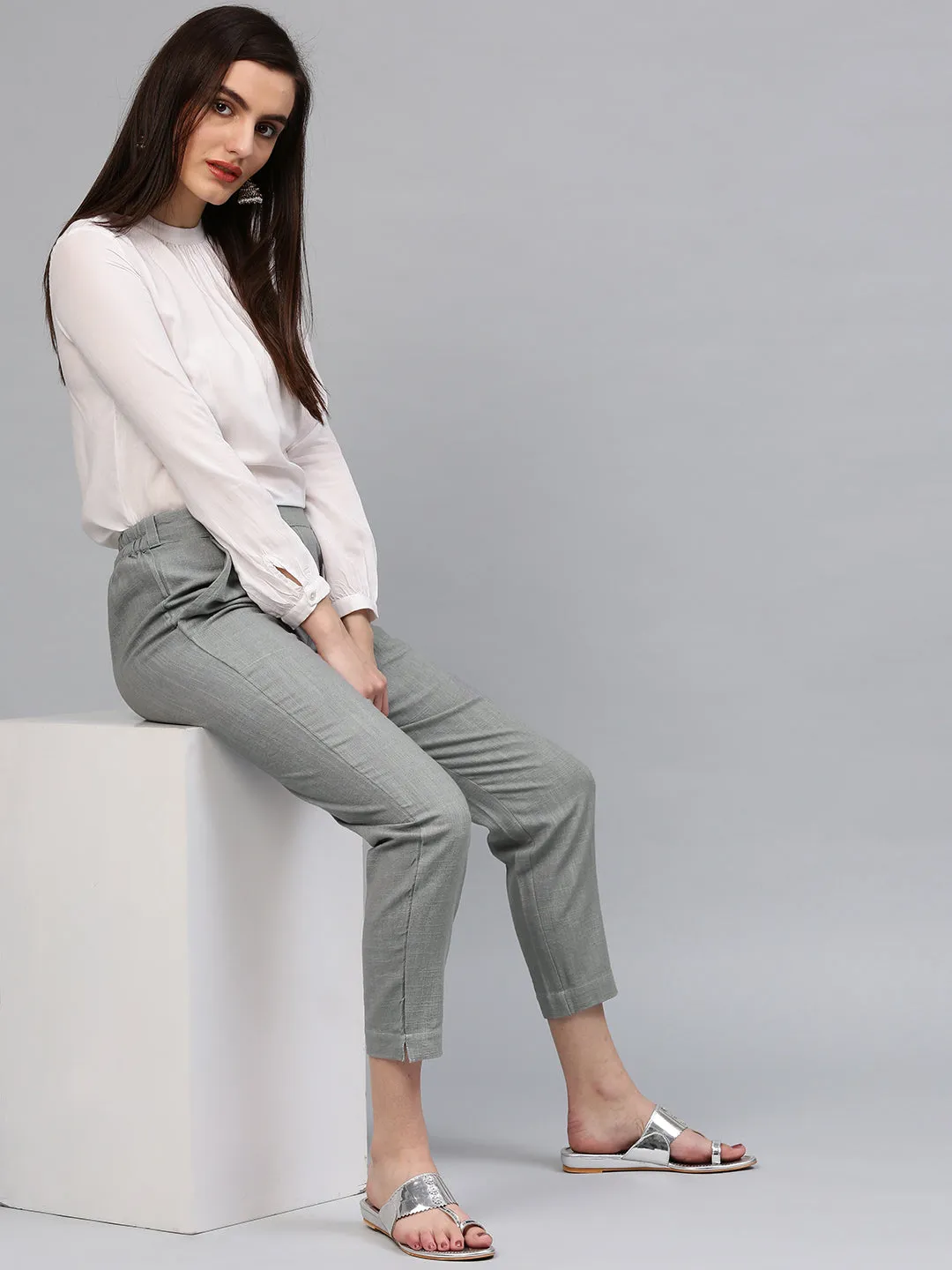 Grey Solid Cotton Slub Straight Pants