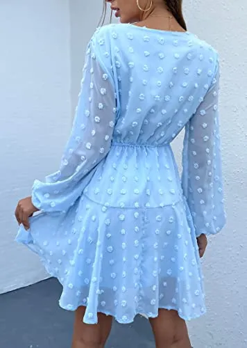 KIRUNDO 2023 Spring Summer Women's Dress Long Sleeve V Neck Flowy Mini Dress Swiss Dot High Waist Chiffon Casual Dresses(Style2-Blue, Large)