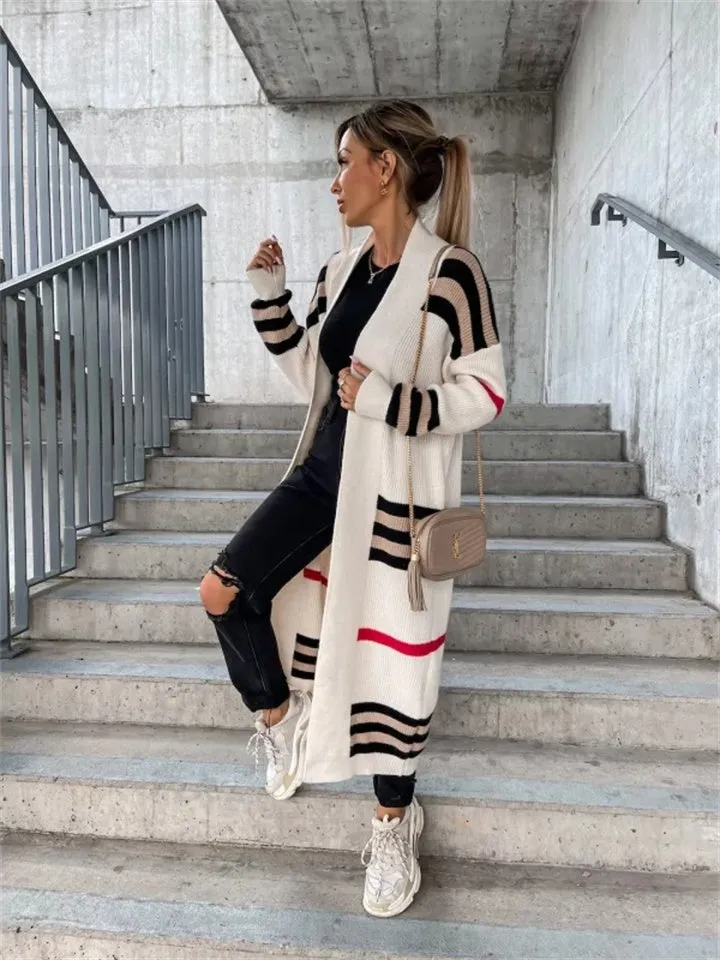 Ladies Long Cardigan Striped Knit Sweater