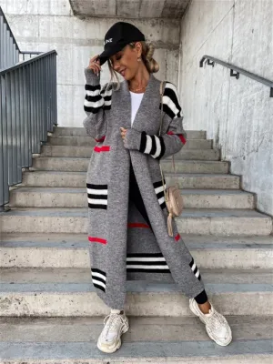 Ladies Long Cardigan Striped Knit Sweater