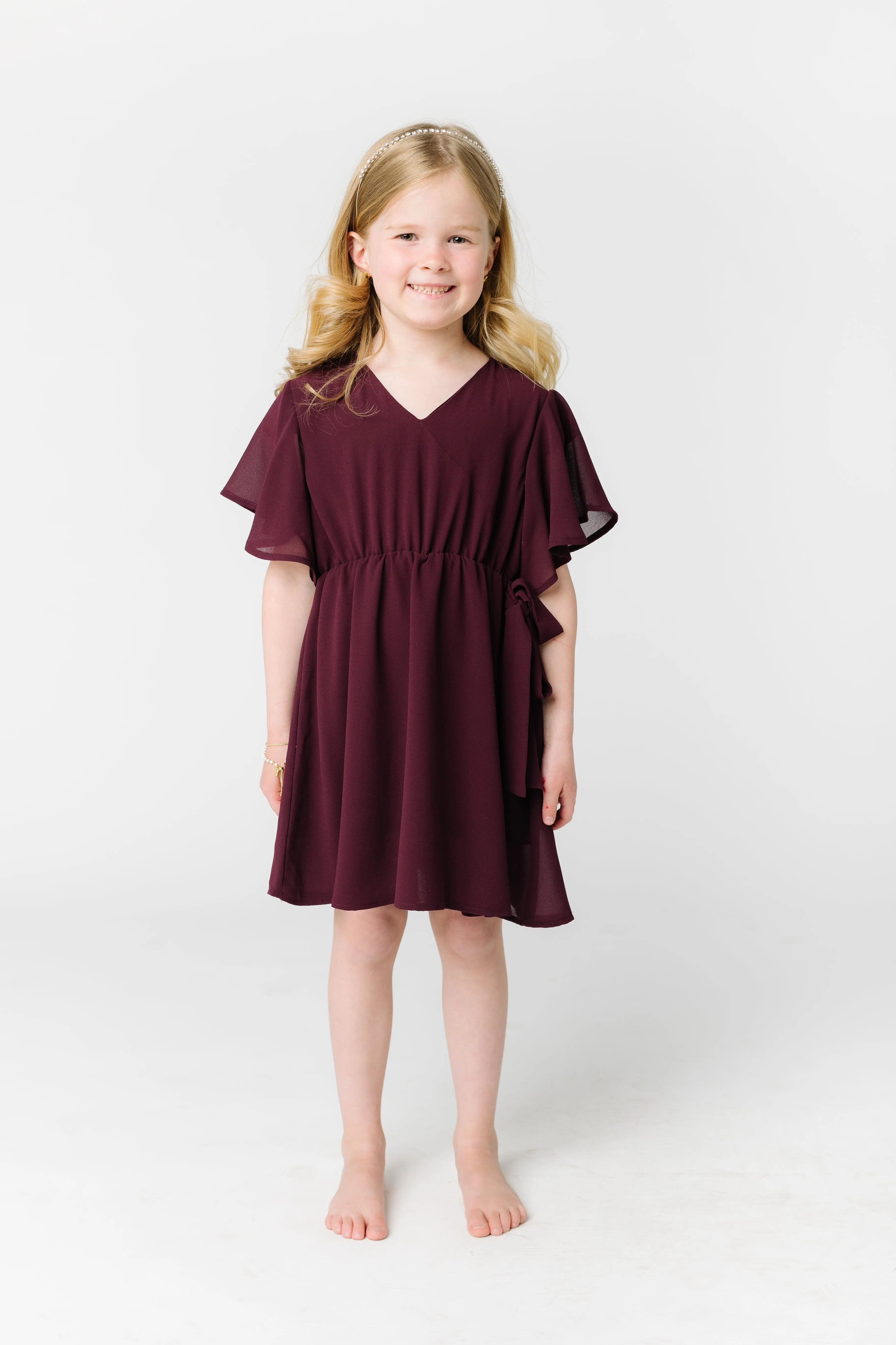 Little Naples Flutter Sleeve Girl's Dress - Wine