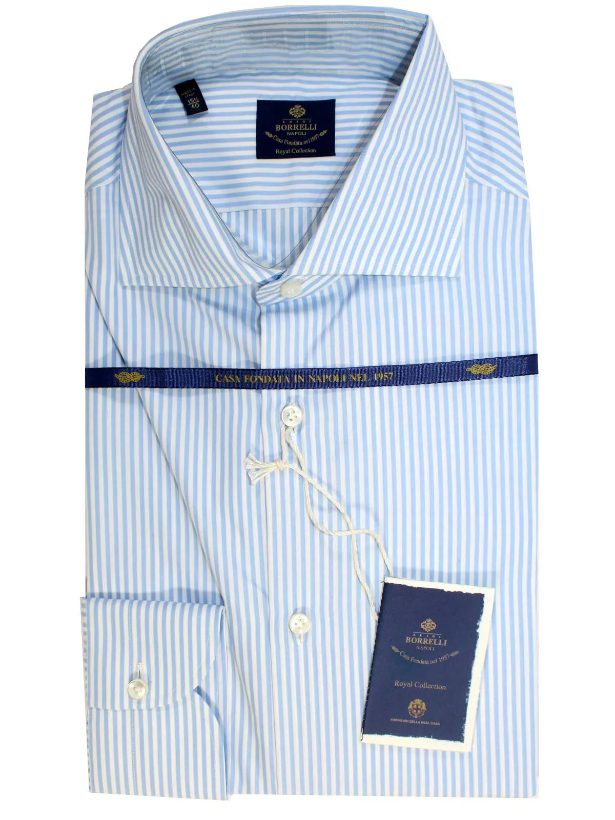 Luigi Borrelli Dress Shirt ROYAL COLLECTION White Blue Stripes 39 - 15 1/2