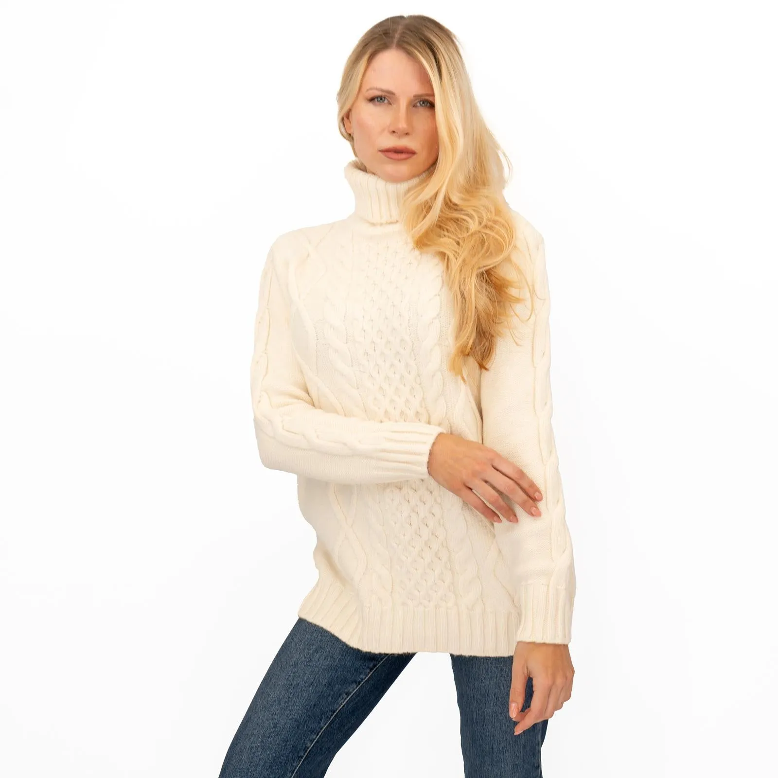 M&S Womens Ivory Cable Knit Roll Neck Longline Jumper