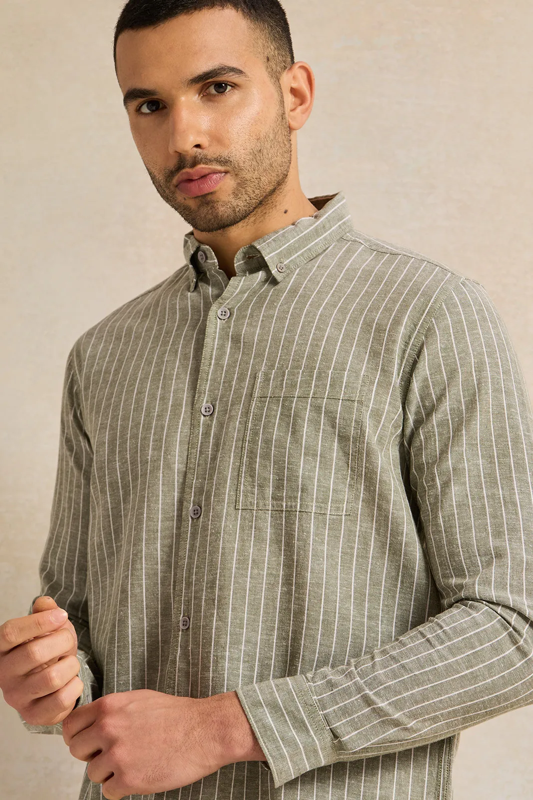 Men Green Striped Casual Shirt