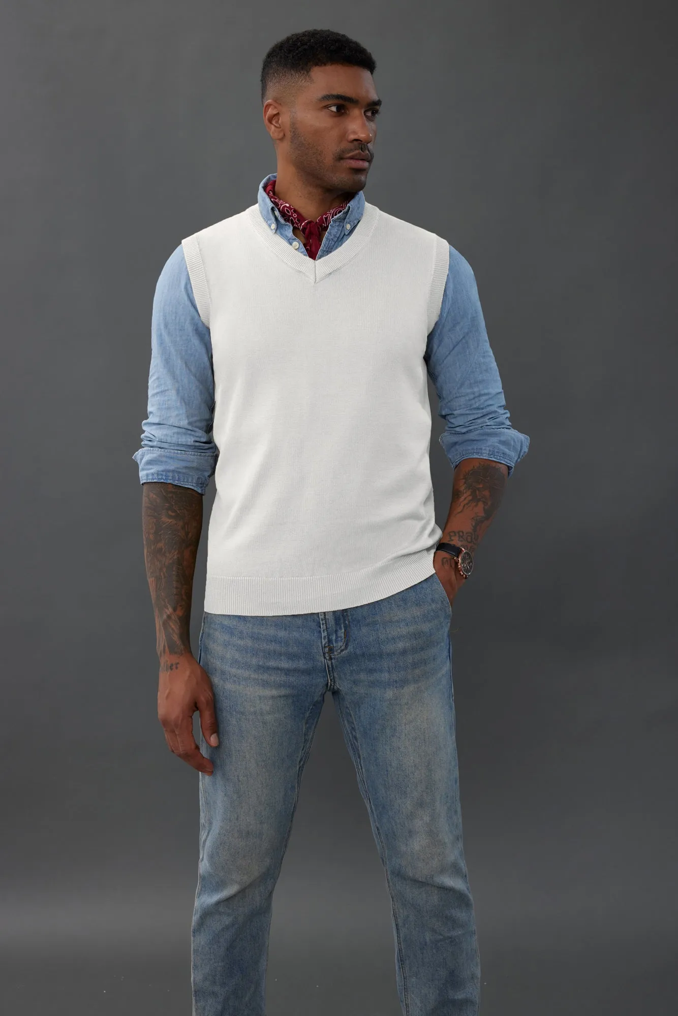 Mens V-Neck Knitted Sweater Vest Solid Plain Sleeveless Pullover Knitwear