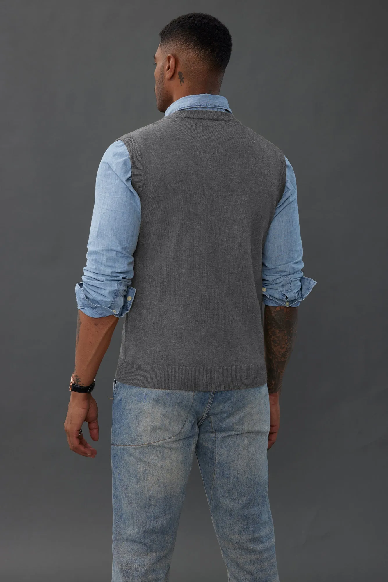 Mens V-Neck Knitted Sweater Vest Solid Plain Sleeveless Pullover Knitwear