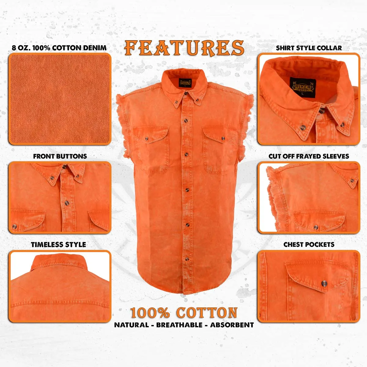 Milwaukee Leather MNG11682 Men’s Classic Orange/Beige Button-Down Cut Off Frayed Sleeveless Casual Shirt