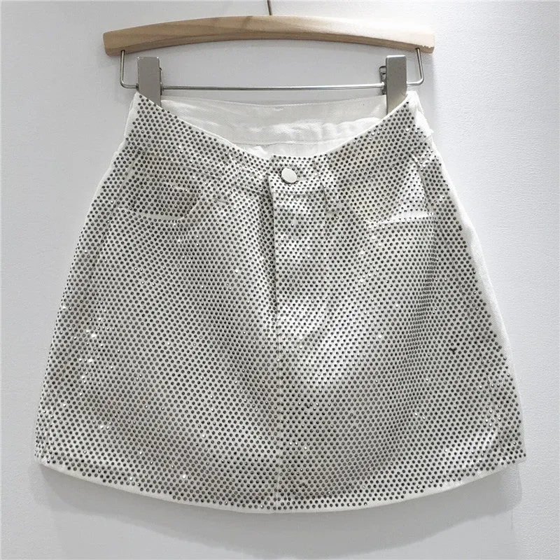 【MOQ-5 packs】 Summer Heavy Embroidery Drilling Denim Skirt Women High Waist Slimming A line Hip Wrapped Skirt