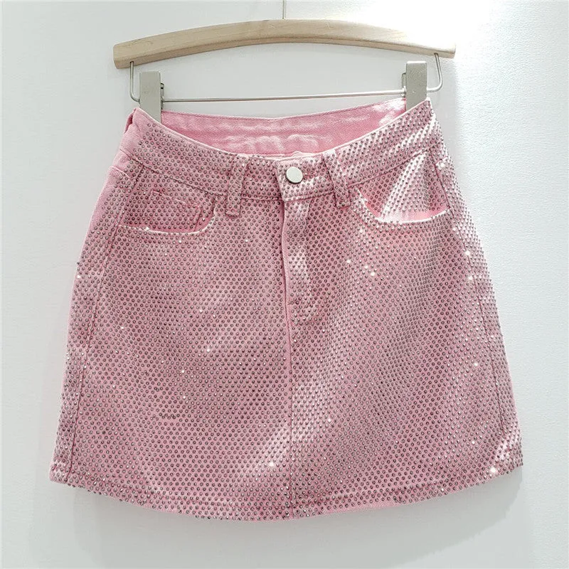 【MOQ-5 packs】 Summer Heavy Embroidery Drilling Denim Skirt Women High Waist Slimming A line Hip Wrapped Skirt