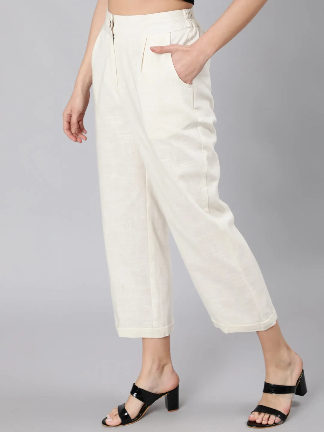 Off White Cotton Slub Straight High Rise Bottom-Fold Pants