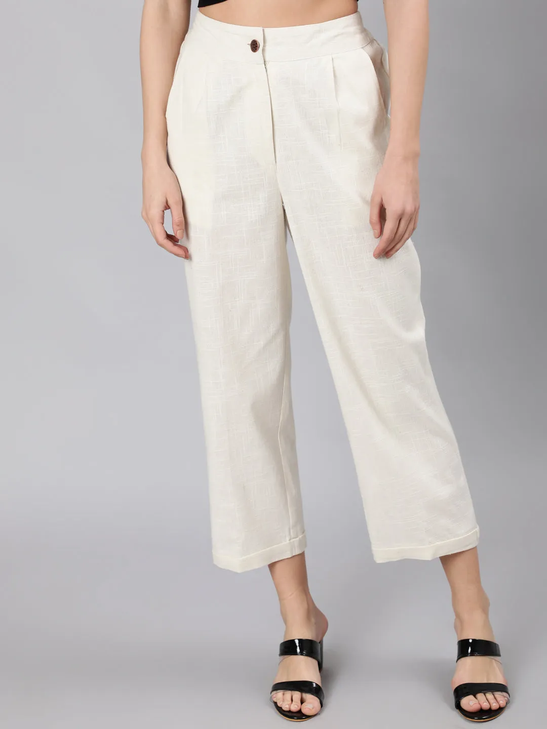 Off White Cotton Slub Straight High Rise Bottom-Fold Pants