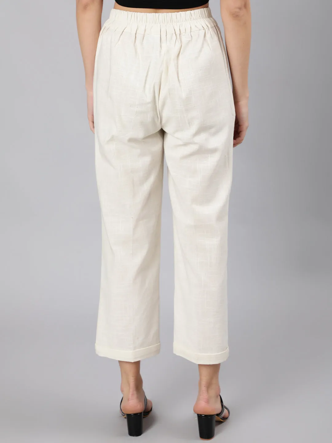 Off White Cotton Slub Straight High Rise Bottom-Fold Pants