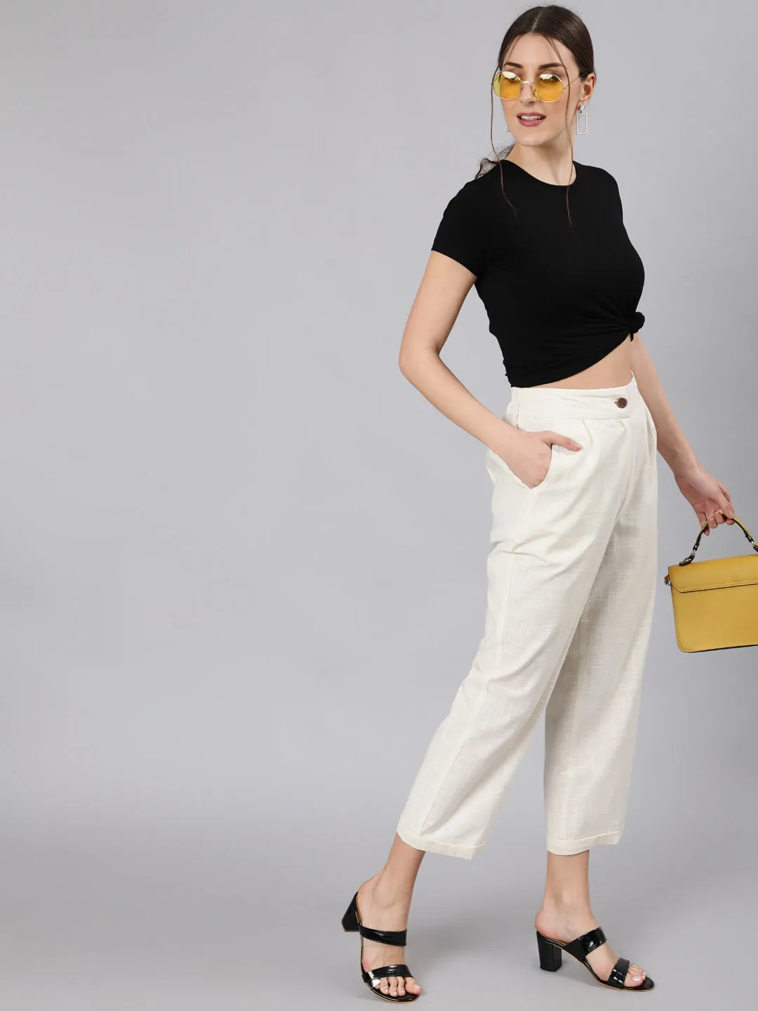 Off White Cotton Slub Straight High Rise Bottom-Fold Pants