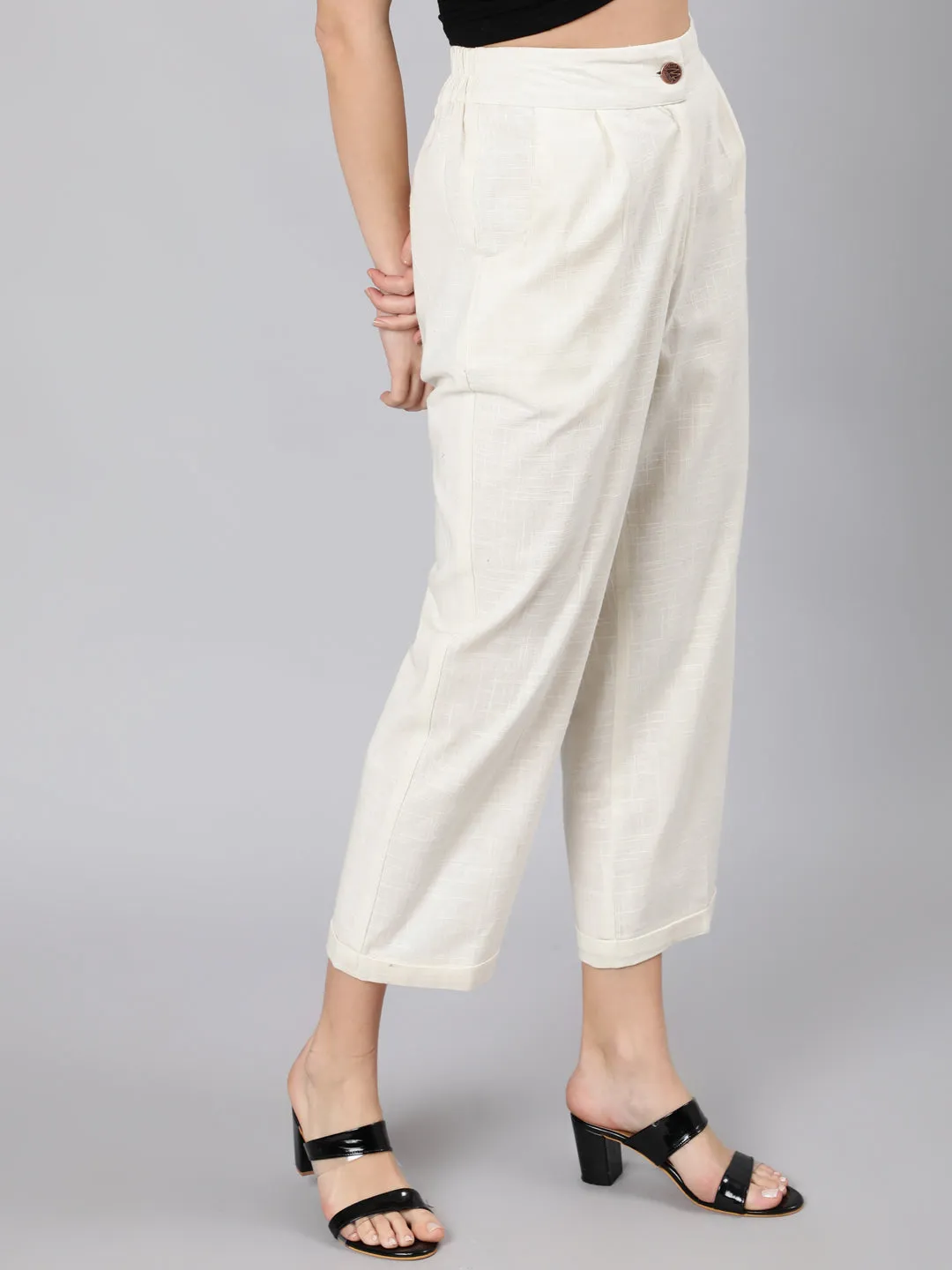 Off White Cotton Slub Straight High Rise Bottom-Fold Pants