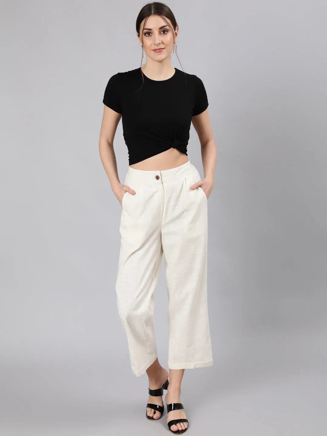 Off White Cotton Slub Straight High Rise Bottom-Fold Pants