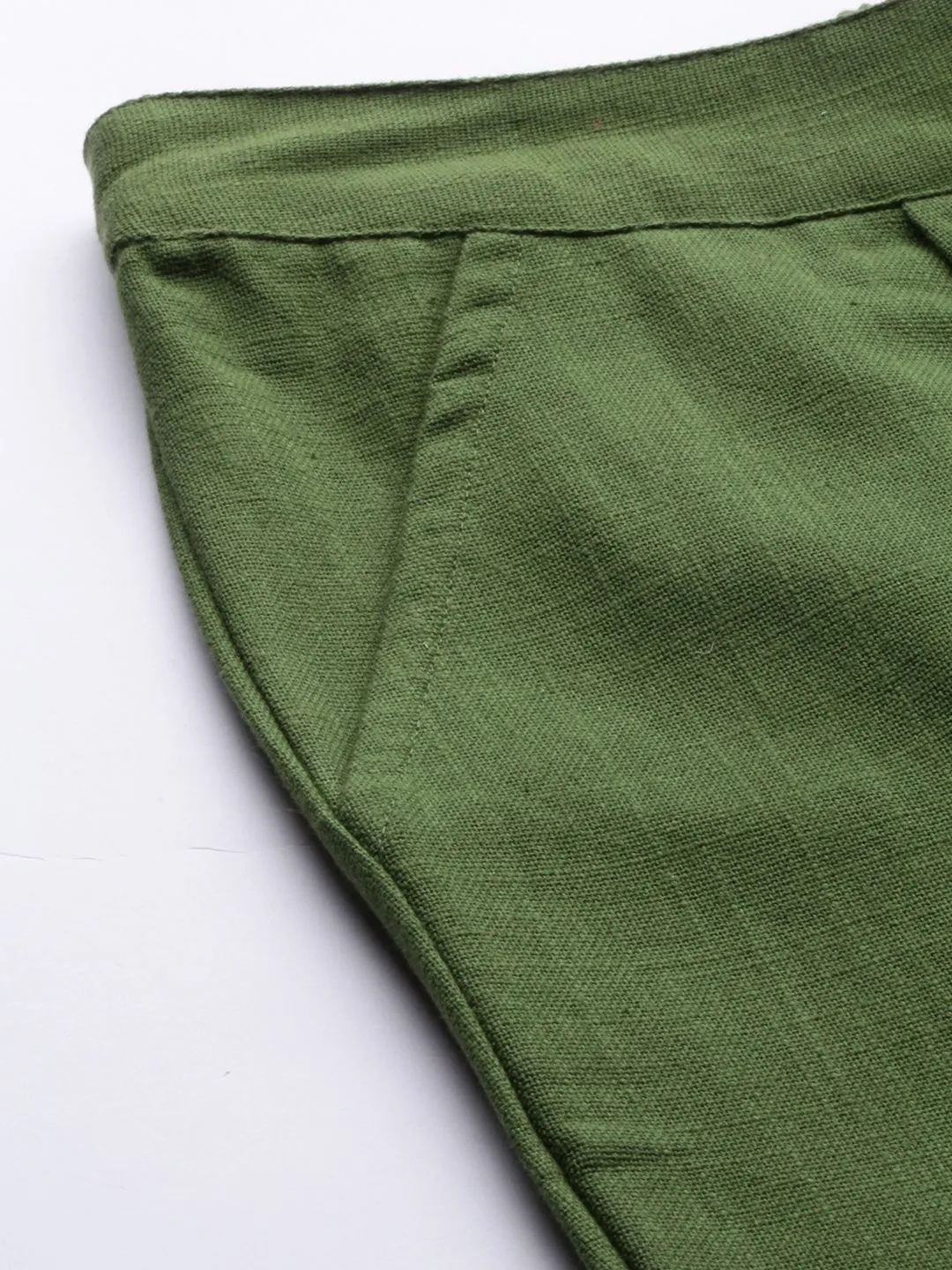 Olive Cotton Slub Bottom-Fold Straight Pants