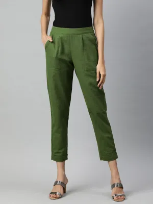 Olive Cotton Slub Bottom-Fold Straight Pants